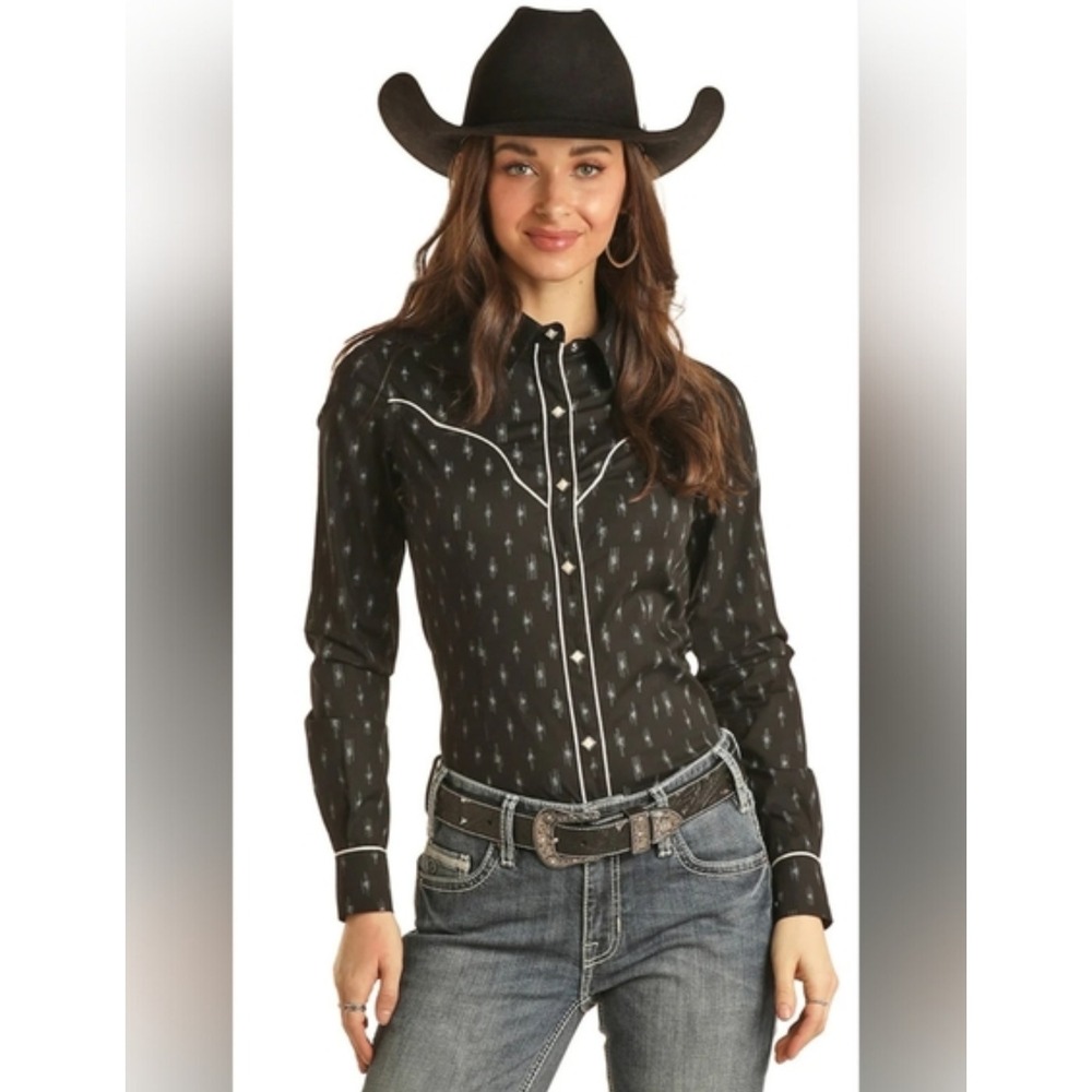 Rock and Roll Denim Womens Black Ikat Western Snap Shirt ReFlex Stretch B4S3136